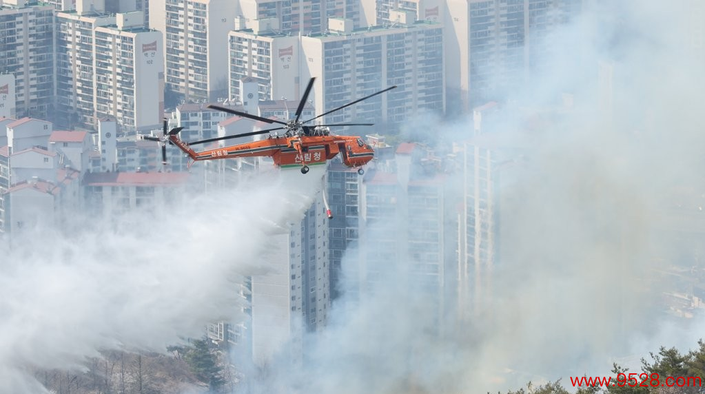 4月2日，位于首尔市钟路区的仁王山发生山火，消防直升机正开展熄灭职责。 图源：韩联社